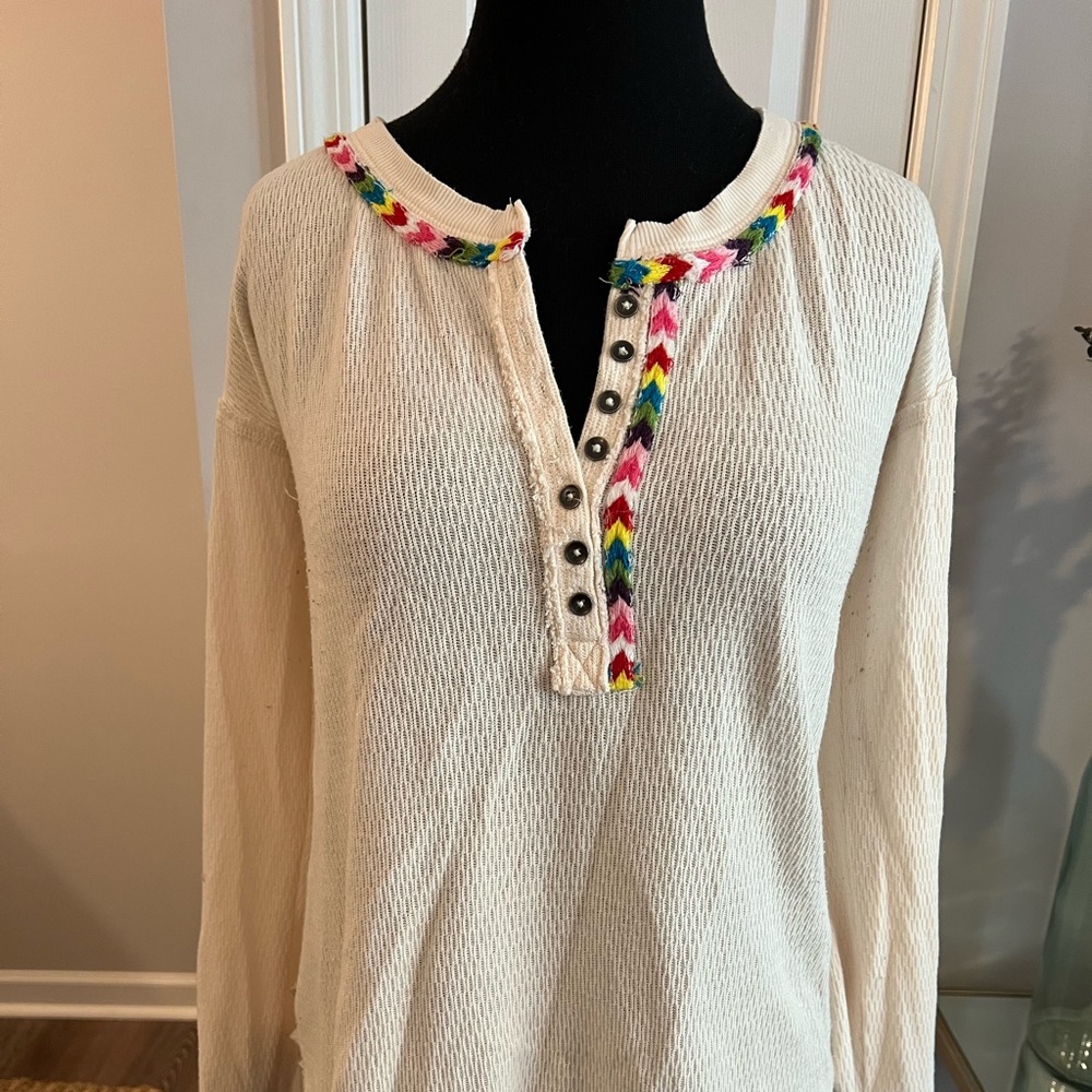 Free People Rainbow Henley thermal embroidered top